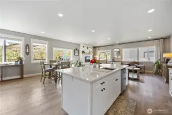 Views of open kitchen with large island