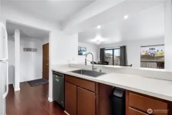 Kitchen open to living and dining room