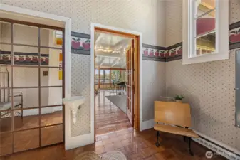 School's main entry has original drinking fountain.