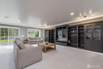 Large living room with built-in cabinets