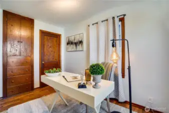 This bedroom also offers built-ins beside the closet for additional storage.
