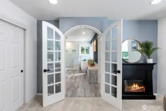 French doors lead to the spa-like bath