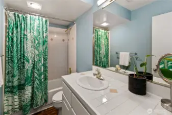 A bright lower-level bath serves its adjoining suite with crisp finishes and playful natural accents. Even here, design nods to the surrounding parkland, carrying Olmsted’s woodland calm indoors.