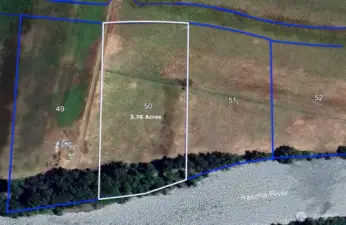 Lot 50 is 3.76 Acres with a front width of 284 feet.  East lot line is 526 feet, West lot line is 594 feet and River frontage is 301 feet.  Some beautiful trails to the river as well