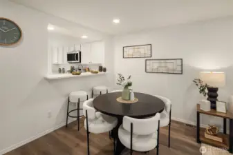 Convenient bar top offers additional seating space.