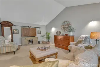 Cozy yet very spacious. Complementary designer paint selection. TV behind barndoors shutters.  It can stay or go.