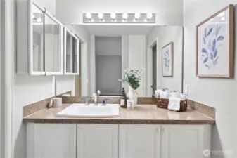 Spacious bathroom vanity with plenty of countertop and storage space.