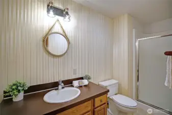 The 3rd bathroom complete with newer walk in shower.  Also a new fixture adorns this space to create more light.