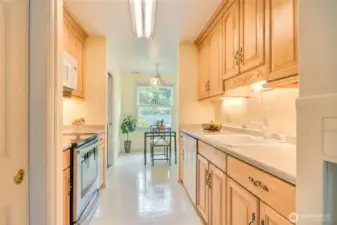 Galley kitchen with eat in and formal dining with view of neighborhood