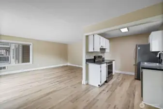 Kitchen, dining room and living room