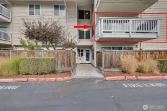 Enry within steps of resevered parking place,  condo's deck is the one on the second floor.