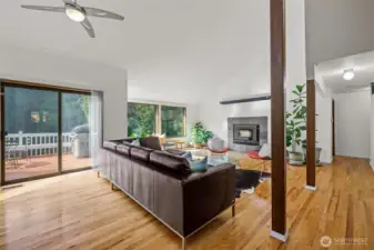 Vaulted high ceiling, ceiling fan, and room for projection in the living room.