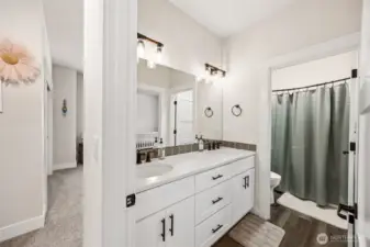 This full-bathroom with dual-sink vanity, door separating sink area from toilet & tub area. Dual entries join the 3rd & 4th bedrooms.