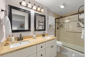 Primary bathroom is virtually staged