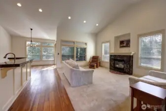 The Great Room with vaulted ceilings and a propane fireplace is elegant and inviting.