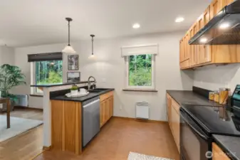The kitchen features paperstone counter, marmoleam floor, Hickory cabinets with pullout shelves, pantry and a granite composite sink.