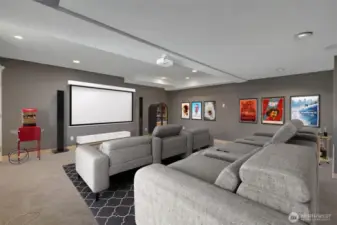 Downstairs home theater options. Virtually staged.  The windows have room darkening blinds that make this a wonderful option!