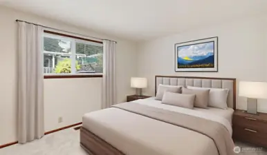 Soft, neutral virtual staging brings this spacious primary bedroom to life and highlights its calming atmosphere.