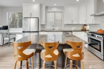 Newly remodeled Chef's kitchen w/professional SS appliance package, to ceiling custom cabs, custom tile backsplash + gorgeous hardwood flooring. Abundant island w/counter seating and in-kitchen dining make this a really special place to entertain and gather!