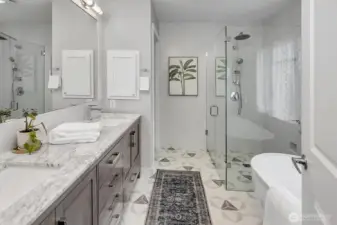 Newly + perfectly remodeled is the primary 5pc, spa bath. Modern-Clean-Minimal is the feel...