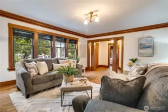 Another angle of the wall of windows welcomes abundant natural light into the space.