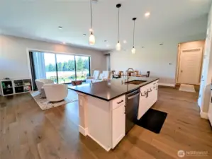 island with open flow to living room and outdoor views