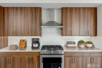 Fresh Backsplash Makes The Walnut Cabinets Pop!  Virtually staged