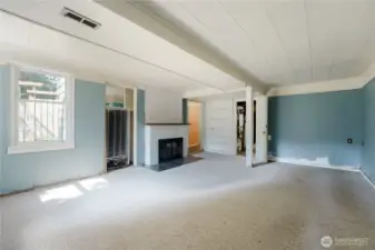 Lower level family/living room with wood fireplace