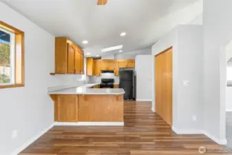 Looking at the kitchen from the dining area.