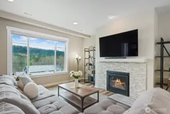 The living room features a gas fireplace with an expansive window for catching more views and black out blinds for early summer movie nights.