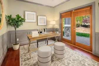 This home is so much more than beautiful architectural detail, it is also a fabulously functional floor plan with every room you could possible want.  Pictured here is the main floor home office.  Totally private, it is the ideal home work space.