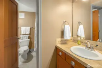 The is the full bathroom that is located just outside of the downstairs bedroom/workout room. Totally private and such a bonus!