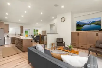 Great room incorporates living, dining, and kitchen all together.