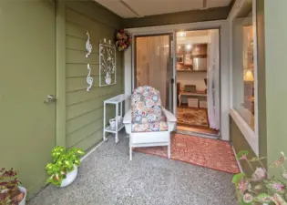 Quiet patio with additional storage.