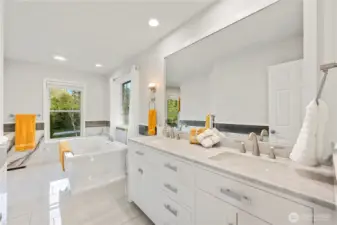 Primary Bathroom Suite #1: Dual "His & Hers" Vanity, Huge Soaking Tub, Walk-in Shower.