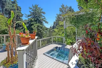 The lower deck features a hot tub and access to pathways leading down and through the gardens.