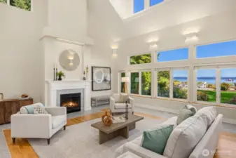 Soaring ceilings in living room add drama