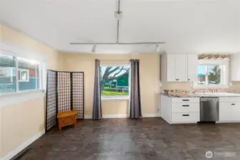 bright dining room with lots of windows