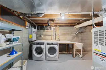 Lower level laundry area with utility sink, tankless water heater, gas furnace