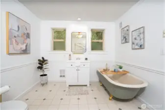 Bathroom with classic clawfoot soaking tub.