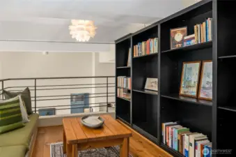 Wall of built-in shelves.