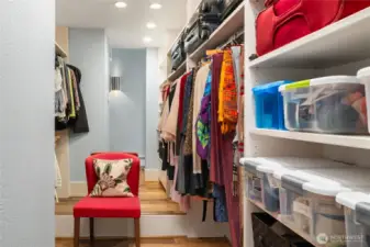 Spacious walk-in closet with built-ins.