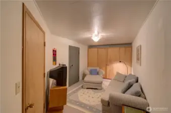 Lower level sitting room. The gray door is a walk in safe