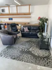 This shows an example of creating a place to hang out and watch TV inside part of the 30' x 28' detached garage.