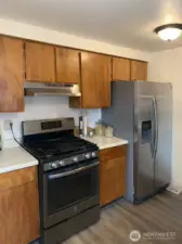 Lots of cupboards for your groceries and kitchen supplies. The chef will appreciate the gas stove.