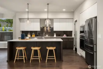 Generous slab quartzite island with upgrade pendant lighting. Walk in pantry door is to the right.