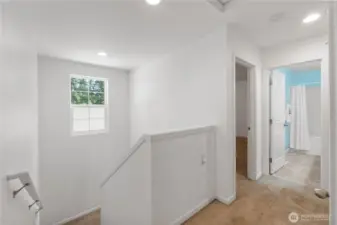 All 3 bedrooms upstairs. What the seller loved about the house when they bought it was that the rooms are good size and about the same dimensions. That way nobody feels like they are getting a smaller room.
