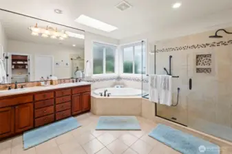 Spa-style primary bath with dual vanities, soaking tub, walk-in shower, and natural light. Your private retreat.