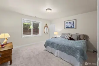 Lower-level bedroom fit for a king with plush carpet, daylight window, and terrific walk in closet.  Adjacent another full bath, it's warm and inviting for guests or extended stays.