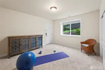 Flexible fitness/yoga room with exterior access.  It's an ideal space for wellness, hobbies, additional storage or a 5th bedroom.